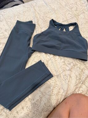 Kiava Ribbed Slate Blue Active Set - High Neck Sports Bra + Leggings